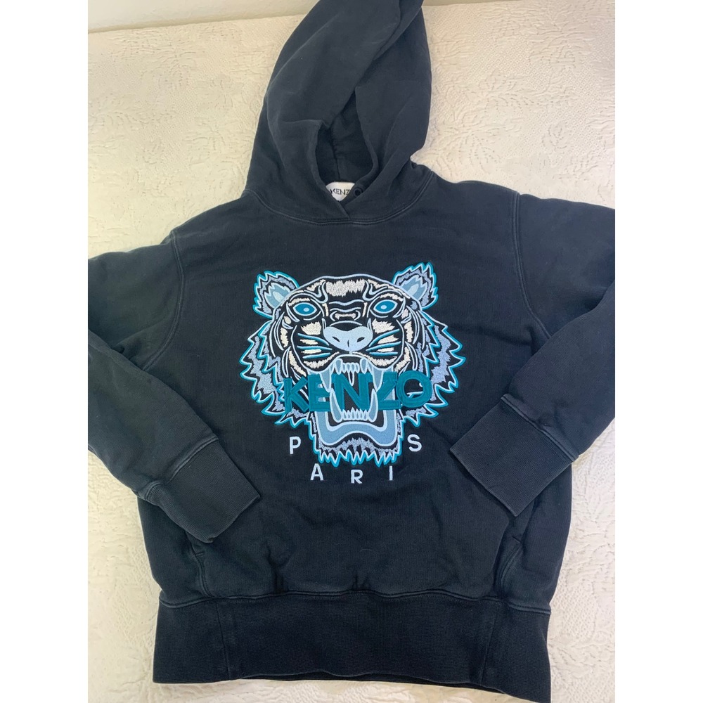 Kenzo Paris Tiger Head Embroidered Hoodie Black Teal Womens Small Sweatshirt